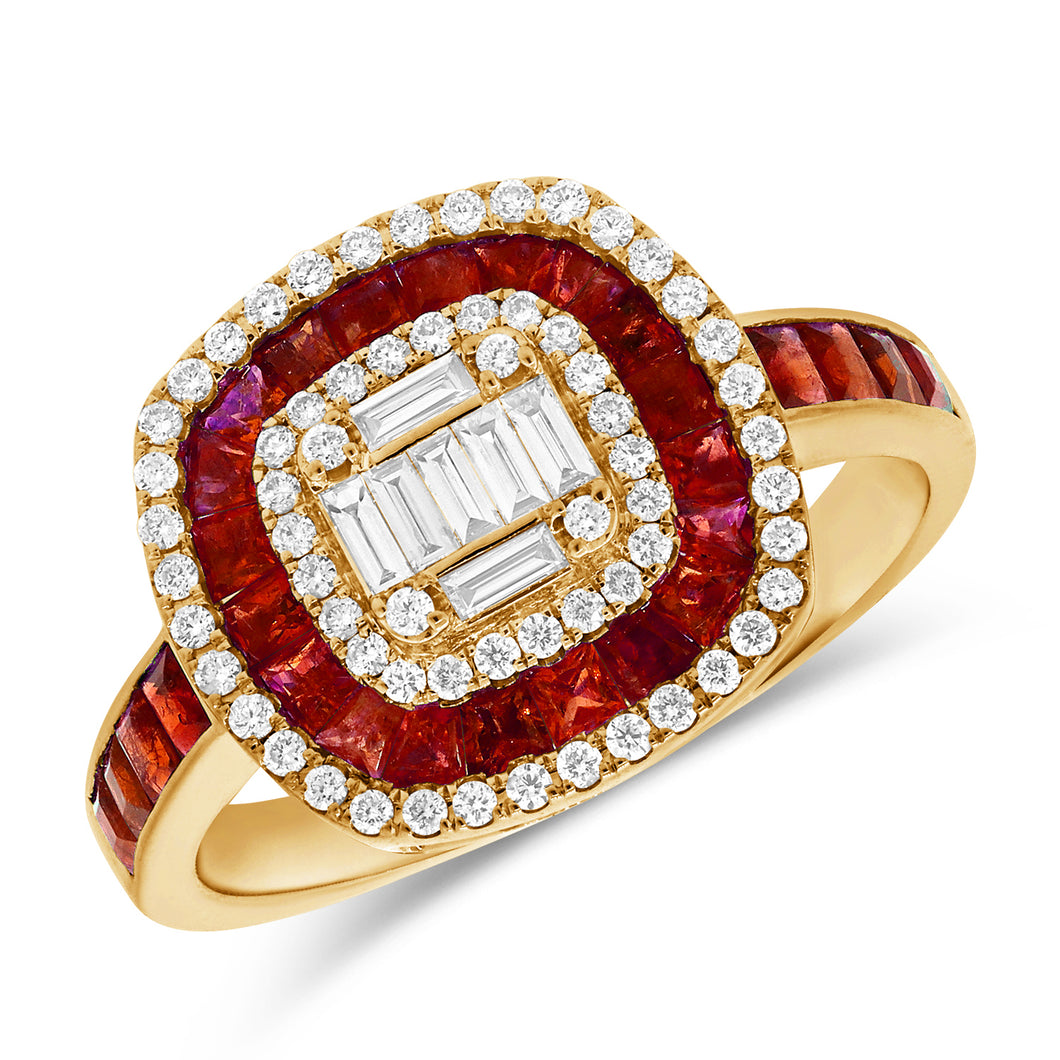 14K Yellow Gold Ruby Diamond And Baguette Ring