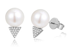 Load image into Gallery viewer, 14K Gold Pearl and Diamond Triangle Studs
