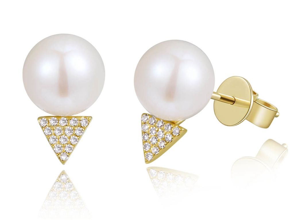 14K Gold Pearl and Diamond Triangle Studs
