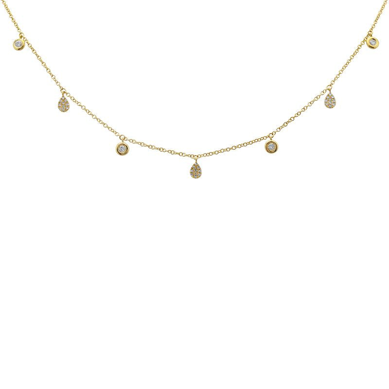 14K Gold Diamond Tear Drop and Bezel Charm Necklace