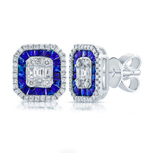 Load image into Gallery viewer, 14K White Gold Diamond &amp; Baguette Sapphire Studs
