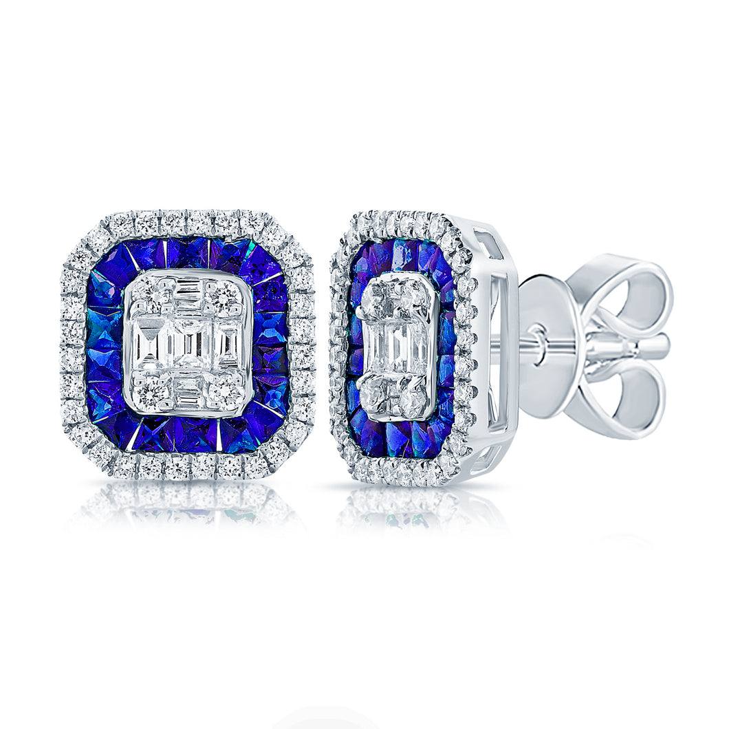 14K White Gold Diamond & Baguette Sapphire Studs