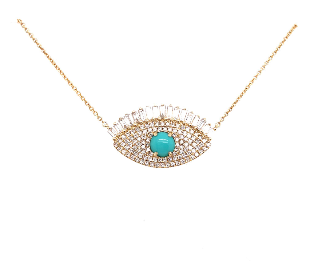 14K Yellow Gold Turquoise Diamond Eye Necklace