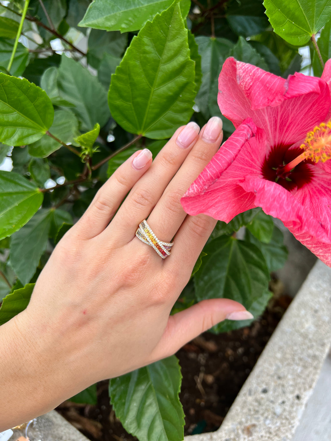 14K Yellow Gold Diamond Crossover Rainbow Ring