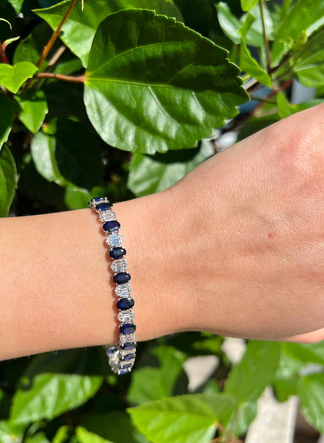 14K White Gold Oval Diamond and Sapphire Bracelet