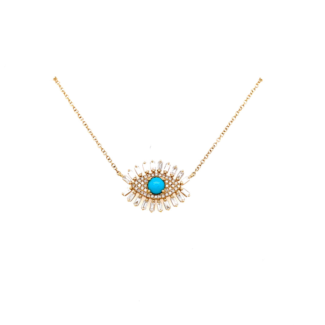 14K Yellow Gold Turquoise Eye Diamond Necklace