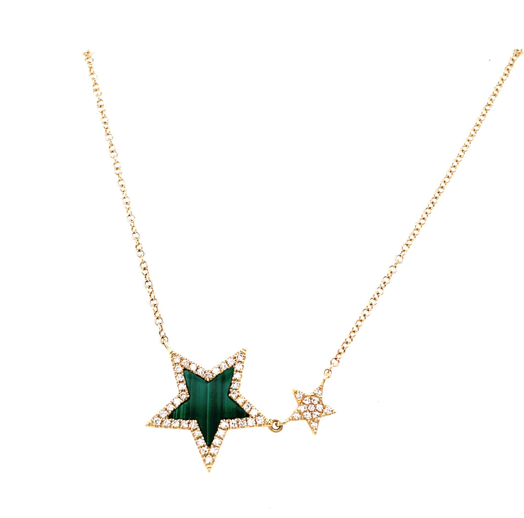 14K Yellow Gold Malachite and Diamond Double Star Necklace