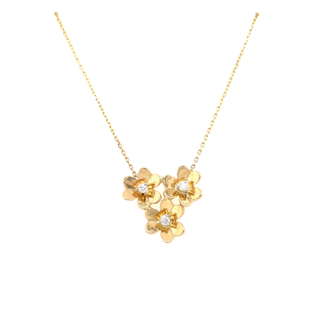 14K Yellow Gold Triple Flower and Diamond Necklace