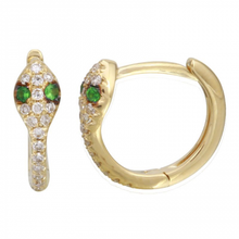 Load image into Gallery viewer, 14K Gold Snake Diamond Huggie Earrings/ Emerald Eye
