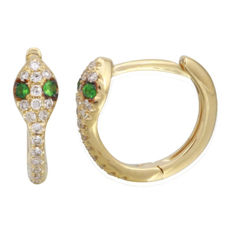 14K Gold Snake Diamond Huggie Earrings/ Emerald Eye